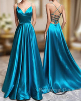 A-Line Blue Satin Long Semi Formal Prom Dress, Blue Formal Evening Dresses
